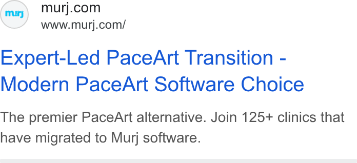Murj ad on Google Ads: www.murj.com/ Expert-Led Pace Art Transition - Modern Pace Art Software Choice The premier Pace Art alternative. Join 125+ clinics that have migrated to Murj software.