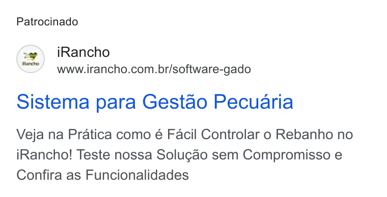 iRancho ad on Google Ads: Patrocinado sistema para Gestao Pecuaria Veja na Pratica como é Facil Controlar o Rebanho no i Rancho! Teste nossa Solugao sem Compromisso e Confira as Funcionalidades