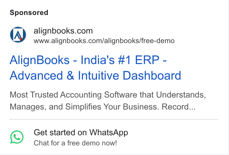 AlignBooks ad on Google Ads: www.alignbooks.com/alignbooks/free-demo Align Books - India's #1 ERP - Advanced & Intuitive Dashboard Most Trusted Accounting Software that Understands, Manages, and Simplifies Your Business. Record... Get started on Whats App Chat for a free demo now!