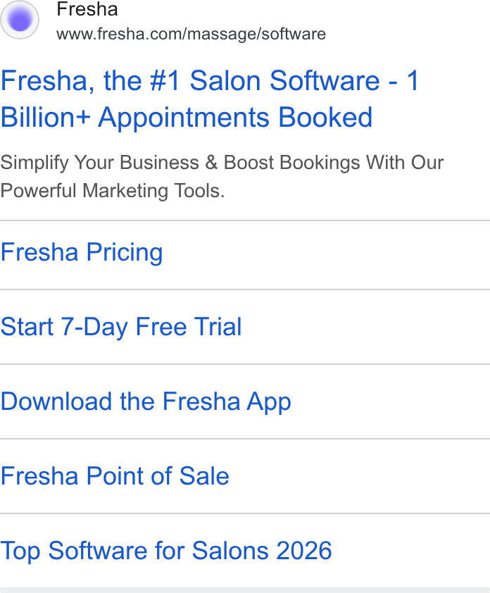 Fresha ad on Google Ads: Fresha, the #1 Salon Software - 1 Billion+ Appointments Booked Simplify Your Business & Boost Bookings With Our Powerful Marketing Tools. Fresha Pricing Start 7-Day Free Trial Download the Fresha App Fresha Point of Sale Top Software for Salons 2026