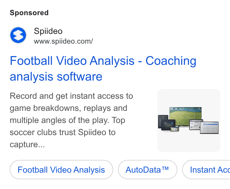Spiideo ad on Google Ads: Football Video Analysis - Coaching analysis software Record and get instant access to game breakdowns, replays and multiple angles of the play. Top soccer clubs trust Spiideo to capture... Football Video ( Football Video Analysis ) (Auto Data™ ) ( Instant Acc