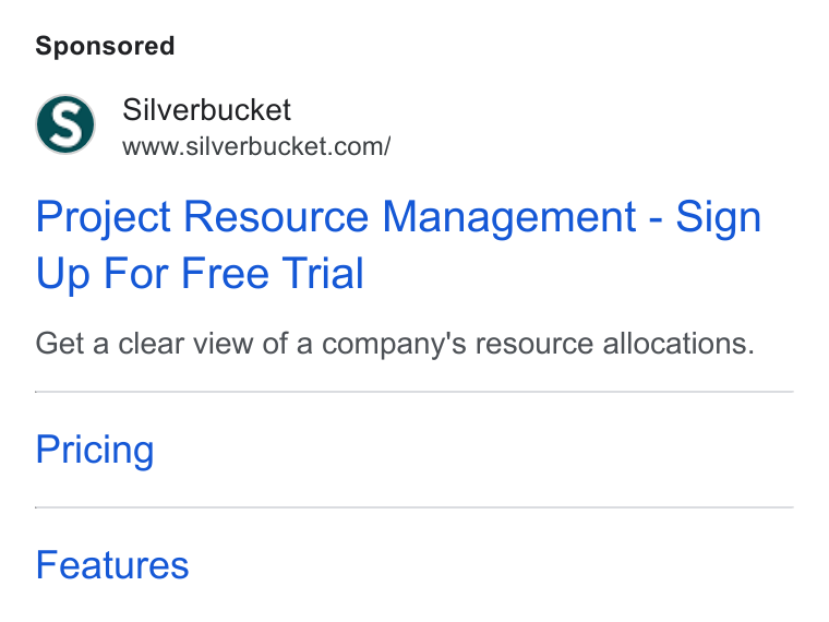 Silverbucket ad on Google Ads: Project Resource Management - Sign Up For Free Trial Get a clear view of a company's resource allocations. Pricing Features