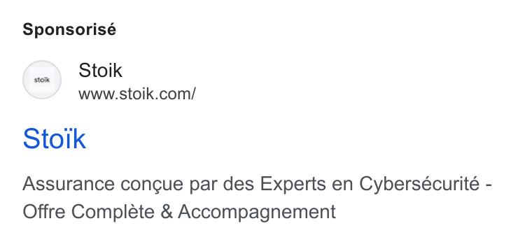 Stoïk ad on Google Ads: Sponsorisé Stork Assurance congue par des Experts en Cybersécurité - Offre Complete & Accompagnement
