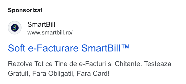 SmartBill ad on Google Ads: Sponsorizat Soft e-Facturare Smart Bill™ Rezolva Tot ce Tine de e-Facturi si Chitante. Testeaza Gratuit, Fara Obligatii, Fara Card!
