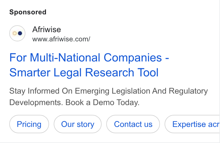 Afriwise ad on Google Ads: For Multi-National Companies - Smarter Legal Research Tool Stay Informed On Emerging Legislation And Regulatory Developments. Book a Demo Today.