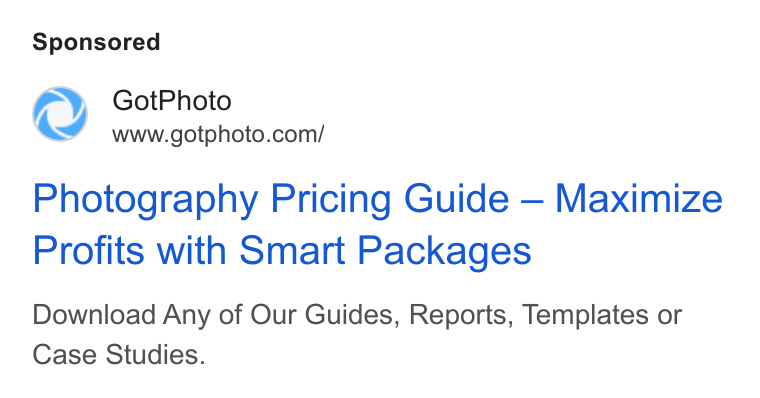 GotPhoto.com ad on Google Ads: Photography Pricing Guide — Maximize Profits with Smart Packages Download Any of Our Guides, Reports, Templates or Case Studies.