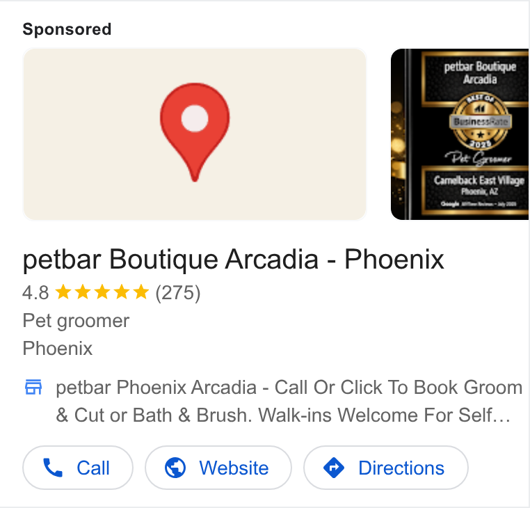 MyTime ad on Google Ads: petbar Boutique Arcadia - Phoenix 4.8 Wek kok & (275) Pet groomer Phoenix Gi petbar Phoenix Arcadia - Call Or Click To Book Groom Cut or Bath & Brush. Walk-ins Welcome For Self... Cw Call) (© Website ) ( Directions.)