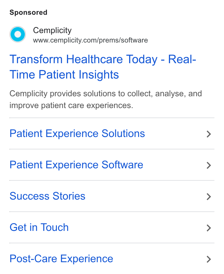 Cemplicity ad on Google Ads: Transform Healthcare Today - Real- Time Patient Insights Cemplicity provides solutions to collect, analyse, and improve patient care experiences. Patient Experience Solutions Patient Experience Software Success Stories Get in Touch Post-Care Experience