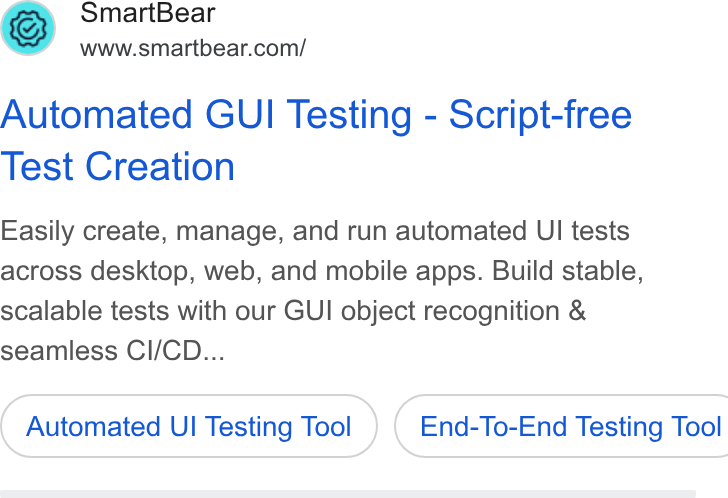 QMetry ad on Google Ads: Automated GUI Testing - Script-free Test Creation Easily create, manage, and run automated UI tests across desktop, web, and mobile apps. Build stable, scalable tests with our GUI object recognition & seamless CI/CD... Automated UI Testing Tool } ( End-To-End Testing Tool