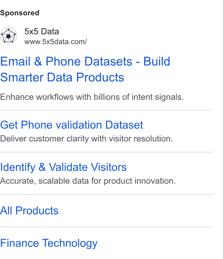 5x5 ad on Google Ads: Email & Phone Datasets - Build Smarter Data Products Enhance workflows with billions of intent signals. Get Phone validation Dataset Deliver customer clarity with visitor resolution. Identify & Validate Visitors Accurate, scalable data for product innovation. All Products Finance Technology
