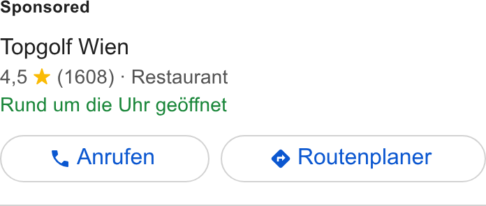 SevenRooms ad on Google Ads: Topgolf Wien 4,5 * (1608) - Restaurant Rund um die Uhr geoffnet