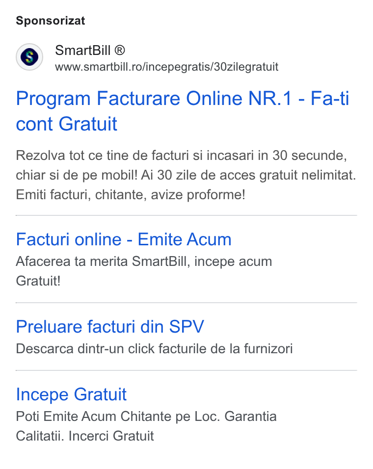 SmartBill ad on Google Ads: Sponsorizat Program Facturare Online NR.1 - Fa-ti cont Gratuit Rezolva tot ce tine de facturi si incasari in 30 secunde, chiar si de pe mobil! Ai 30 zile de acces gratuit nelimitat. Emiti facturi, chitante, avize proforme! Facturi online - Emite Acum Afacerea ta merita Smart Bill, incepe acum Gratuit! Preluare facturi din SPV Descarca dintr-un click facturile de la furnizori Incepe Gratuit Poti Emite Acum Chitante pe Loc. Garantia Calitatii. Incerci Gratuit
