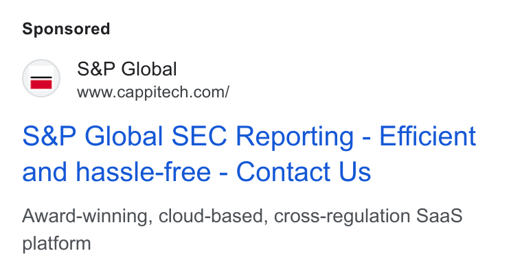 Cappitech ad on Google Ads: S& P Global SEC Reporting - Efficient and hassle-free - Contact Us Award-winning, cloud-based, cross-regulation Saa S platform