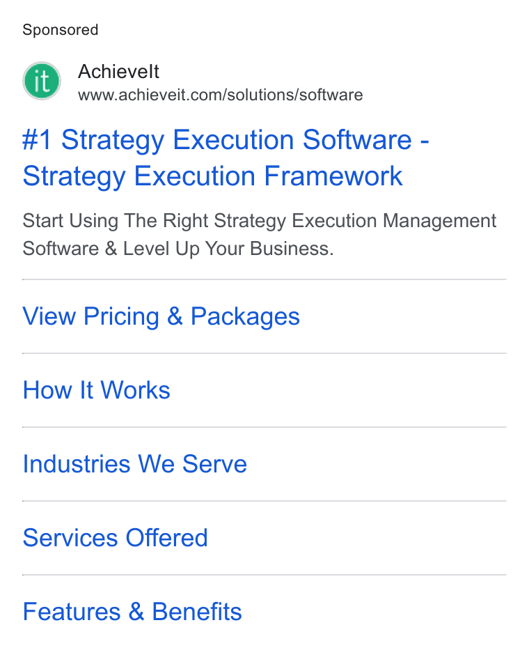 AchieveIt ad on Google Ads: #1 Strategy Execution Software - Strategy Execution Framework Start Using The Right Strategy Execution Management Software & Level Up Your Business. View Pricing & Packages How It Works Industries We Serve Services Offered Features & Benefits