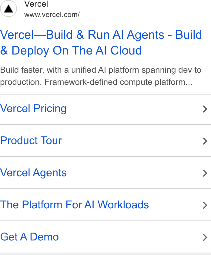 Vercel ad on Google Ads: Vercel—Build & Run Al Agents - Build Deploy On The Al Cloud Build faster, with a unified Al platform spanning dev to production. Framework-defined compute platform... Vercel Pricing > Product Tour > Vercel Agents > The Platform For Al Workloads > Get A Demo >