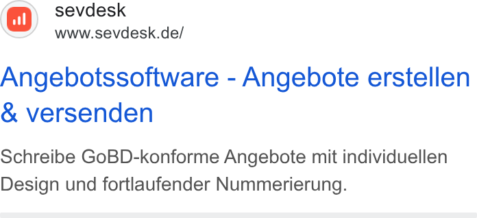 sevdesk ad on Google Ads: Angebotssoftware - Angebote erstellen & versenden Schreibe Go BD-konforme Angebote mit individuellen Design und fortlaufender Nummerierung.