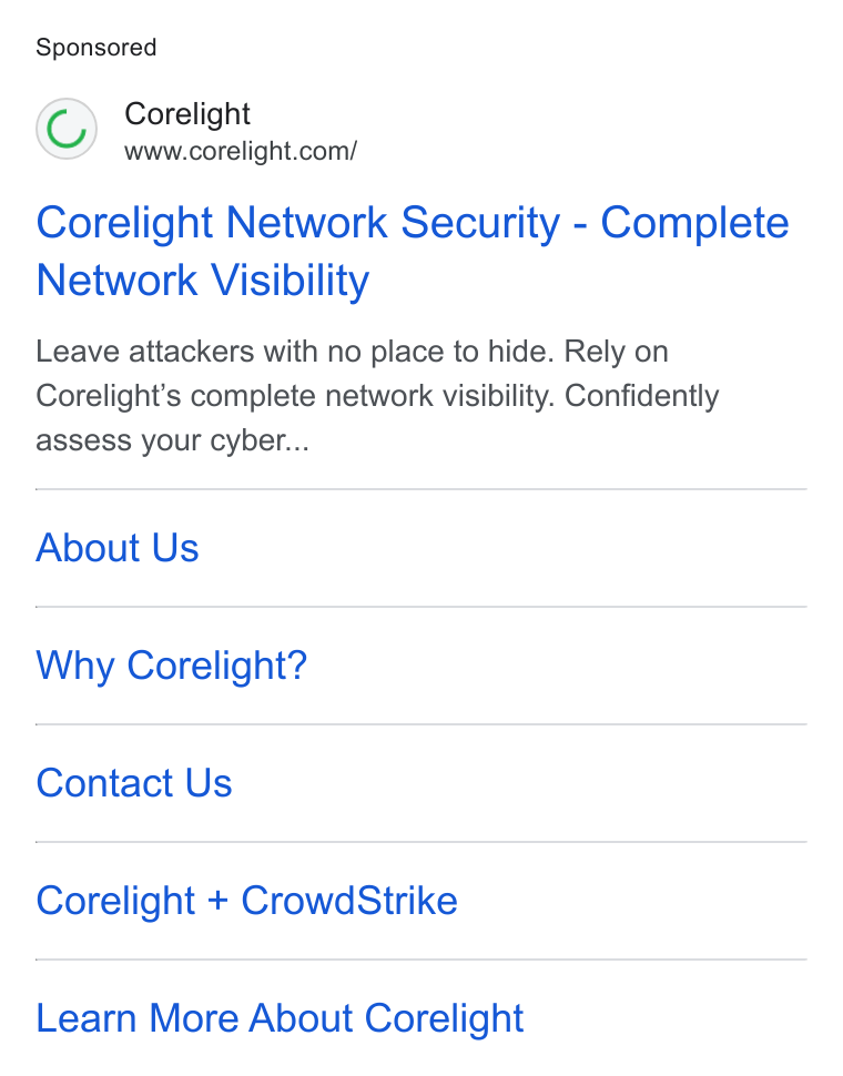 Corelight ad on Google Ads
