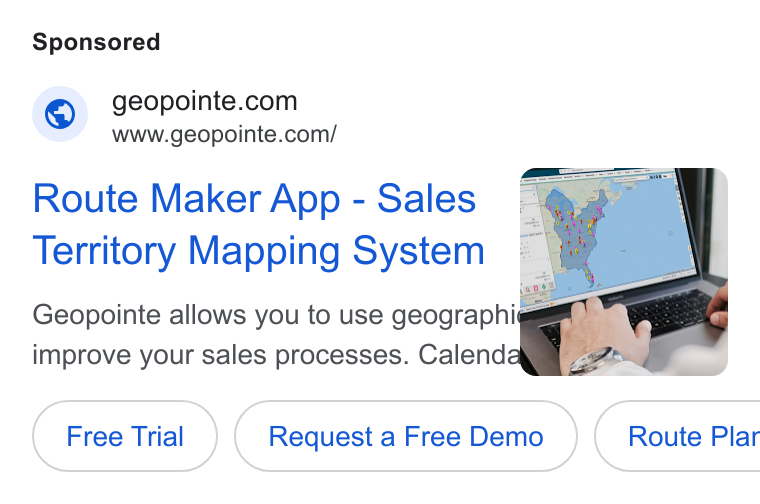 Geopointe ad on Google Ads: www.geopointe.com/ Route Maker App - Sales Territory Mapping System Geopointe allows you to use geographiqga improve your sales processes. Calend Request a Free Demo }( Route Plar