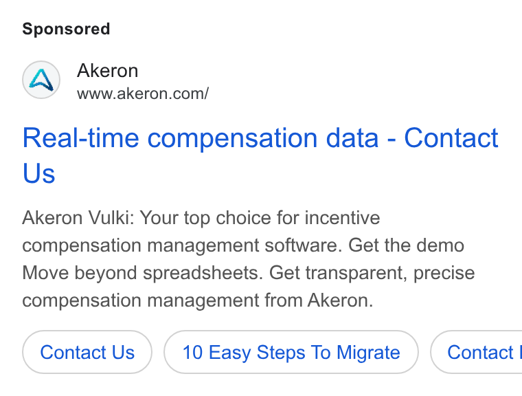 Akeron ad on Google Ads: Real-time compensation data - Contact Us Akeron Vulki: Your top choice for incentive compensation management software. Get the demo Move beyond spreadsheets. Get transparent, precise compensation management from Akeron. Contact Us 10 Easy Steps To Migrate } ( Contact|