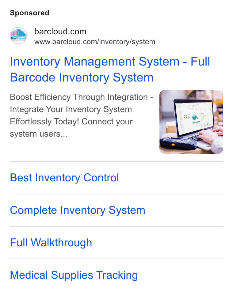 BarCloud ad on Google Ads: www.barcloud.com/inventory/system Inventory Management System - Full Barcode Inventory System Boost Efficiency Through Integration - Integrate Your Inventory System Effortlessly Today! Connect your system users... Best Inventory Conirol Complete Inventory System Full Walkthrough Medical Supplies Tracking