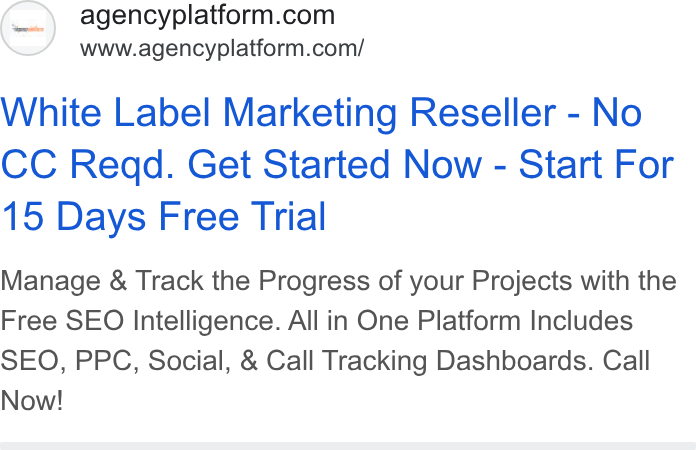 Agency Platform ad on Google Ads: www.agencyplatform.com/ White Label Marketing Reseller - No CC Read. Get Started Now - Start For 15 Days Free Trial Manage & Track the Progress of your Projects with the Free SEO Intelligence. All in One Platform Includes SEO, PPC, Social, & Call Tracking Dashboards. Call Now!