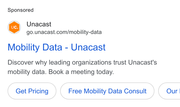 Unacast ad on Google Ads: Mobility Data - Unacast Discover why leading organizations trust Unacast's mobility data. Book a meeting today. Get Pricing Free Mobility Data Consult }) ( Our