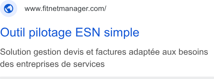 Fitnet Manager ad on Google Ads: Outil pilotage ESN simple Solution gestion devis et factures adaptée aux besoins des entreprises de services