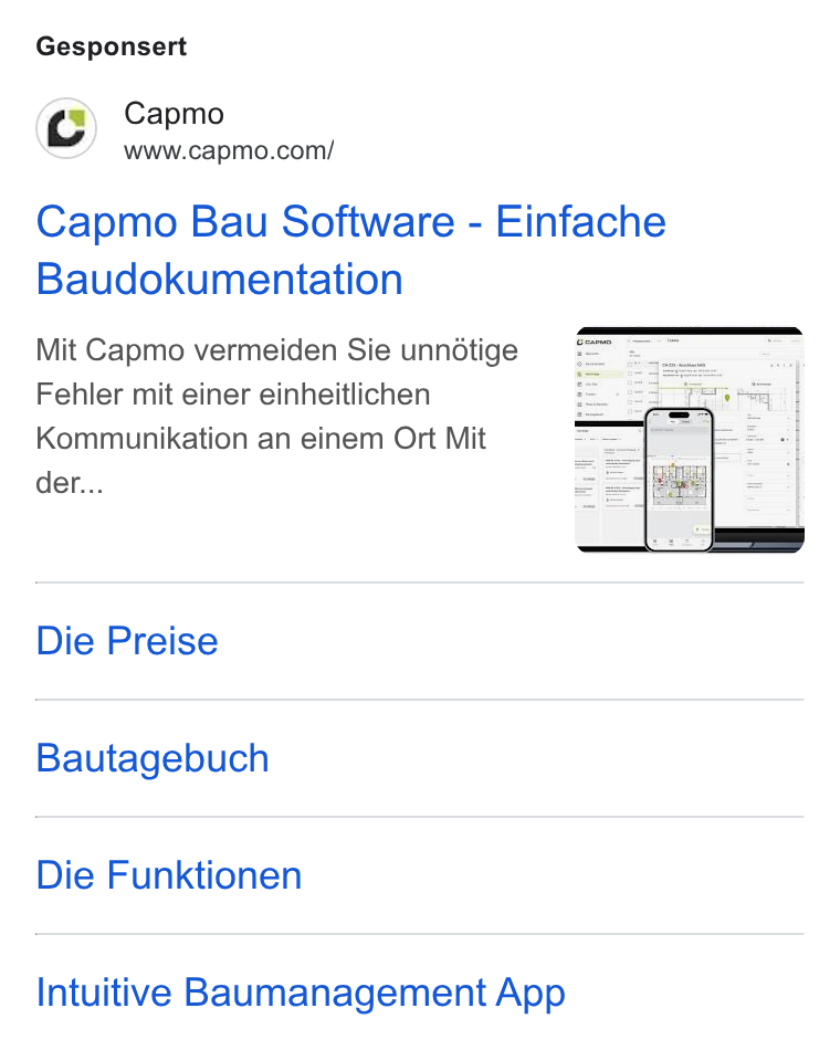 Capmo ad on Google Ads: Gesponsert Capmo Bau Software - Einfache Baudokumentation Mit Capmo vermeiden Sie unndtige Fehler mit einer einheitlichen Kommunikation an einem Ort Mit der... Die Preise Bautagebuch Die Funktionen Intuitive Baumanagement App