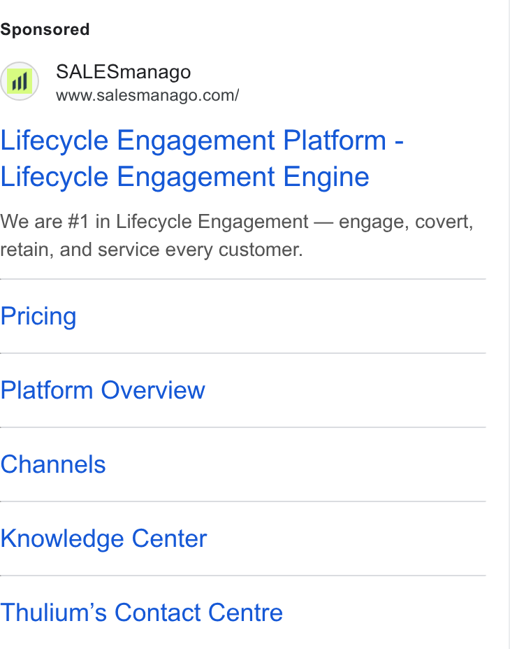 SALESmanago ad on Google Ads: Lifecycle Engagement Platform - Lifecycle Engagement Engine We are #1 in Lifecycle Engagement — engage, covert, retain, and service every customer. Pricing Platform Overview Channels Knowledge Center Thulium’s Contact Centre