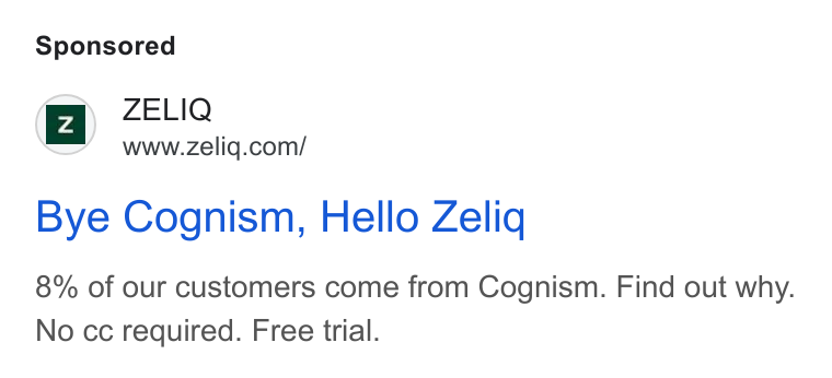 ZELIQ ad on Google Ads: Bye Cognism, Hello Zeliq 8% of our customers come from Cognism. Find out why. No cc required. Free trial.