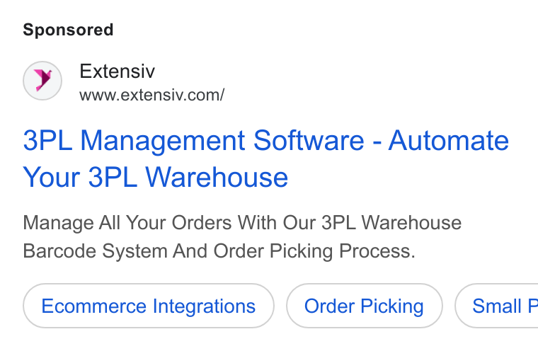 Extensiv ad on Google Ads: 3PL Management Software - Automate Your 3PL Warehouse Manage All Your Orders With Our 3PL Warehouse Barcode System And Order Picking Process. Ecommerce Integrations Order Picking ) ( Small P