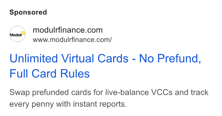 Modulr ad on Google Ads: www.modulrfinance.com/ Unlimited Virtual Cards - No Prefund, Full Card Rules Swap prefunded cards for live-balance VCCs and track every penny with instant reports.