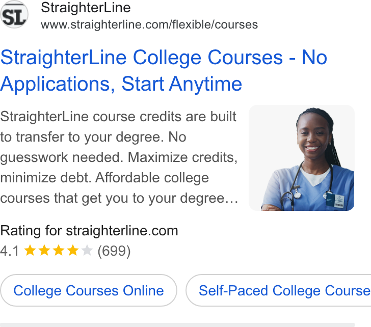 StraighterLine ad on Google Ads: Straighter Line College Courses - No Applications, Start Anytime Straighter Line course credits are built ° to transfer to your degree. No guesswork needed. Maximize credits, minimize debt. Affordable college courses that get you to your degree... Rating for straighterline.com 41 wk kk & (699) College Courses Online } ( Self-Paced College Course