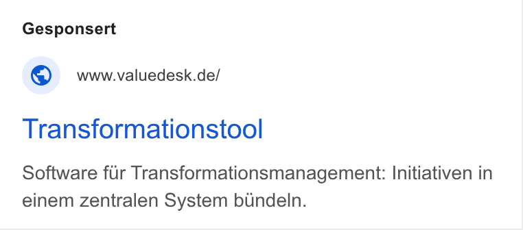 Valuedesk ad on Google Ads: Transformationstool Software fur Transformationsmanagement: Initiativen in einem zentralen System b Undeln.