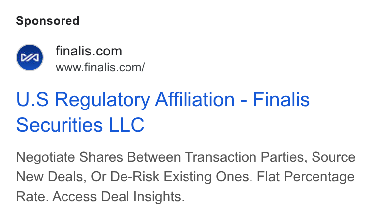 Finalis ad on Google Ads: www.finalis.com/ U. S Regulatory Affiliation - Finalis Securities LLC Negotiate Shares Between Transaction Parties, Source New Deals, Or De-Risk Existing Ones. Flat Percentage Rate. Access Deal Insights.