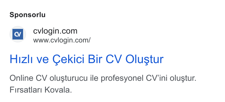 cvlogin ad on Google Ads: www.cviogin.com/ Hizli ve Cekici Bir CV Olustur Online CV olusturucu ile profesyonel CV’ini olustur. Firsatlar! Kovala.