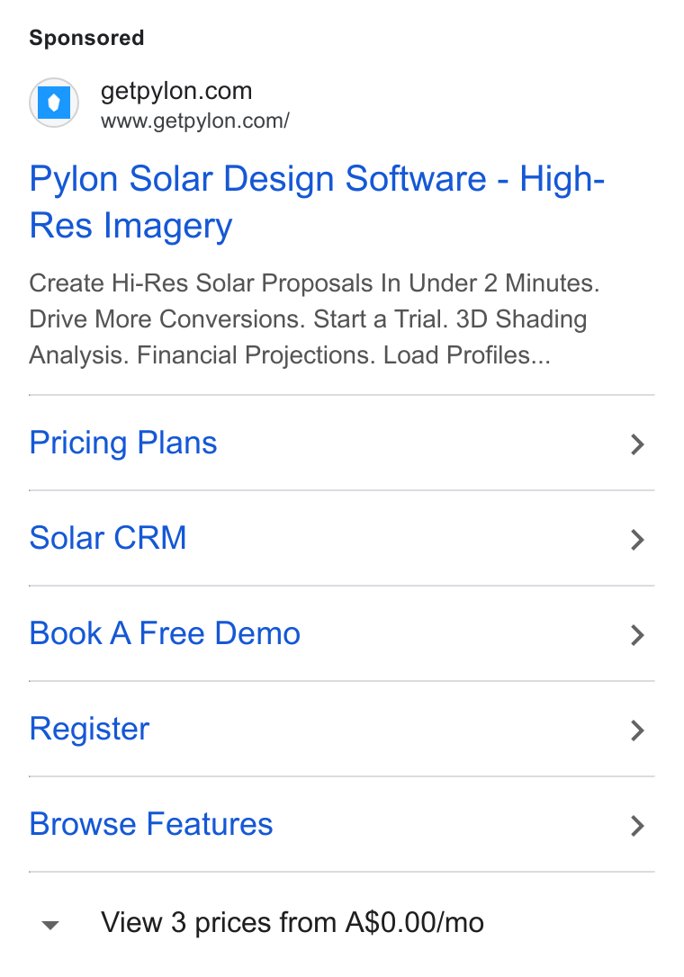 Pylon ad on Google Ads: www.getpylon.com/ Pylon Solar Design Software - High- Res Imagery Create Hi-Res Solar Proposals In Under 2 Minutes. Drive More Conversions. Start a Trial. 3D Shading Analysis. Financial Projections. Load Profiles... Pricing Plans Solar CRM Book A Free Demo Register Browse Features View 3 prices from A$0.00/mo