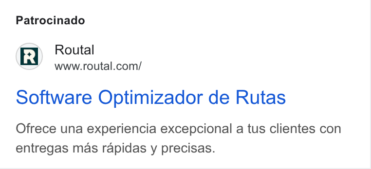 Routal ad on Google Ads: Patrocinado Software Optimizador de Rutas Ofrece una experiencia excepcional a tus clientes con entregas mas rapidas y precisas.