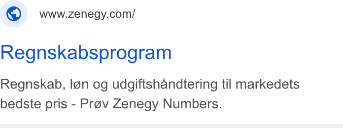 Zenegy ad on Google Ads: Regnskabsprogram Regnskab, Ian og udgiftshandtering til markedets bedste pris - Prav Zenegy Numbers.