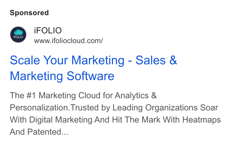 iFOLIO Marketing Cloud ad on Google Ads: Scale Your Marketing - Sales & Marketing Software The #1 Marketing Cloud for Analytics & Personalization. Trusted by Leading Organizations Soar With Digital Marketing And Hit The Mark With Heatmaps And Patented...