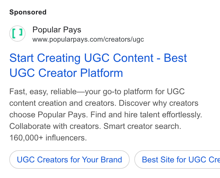 Popular Pays ad on Google Ads: Start Creating UGC Content - Best UGC Creator Platform Fast, easy, reliable—your go-to platform for UGC content creation and creators. Discover why creators choose Popular Pays. Find and hire talent effortlessly. Collaborate with creators. Smart creator search. 160,000+ influencers. UGC Creators for Your Brand ) ( Best Site for UGC Cre