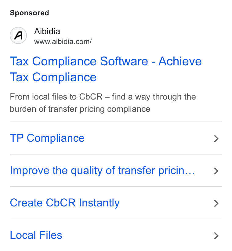 Aibidia ad on Google Ads: Tax Compliance Software - Achieve Tax Compliance From local files to Cb CR — find a way through the burden of transfer pricing compliance TP Compliance Improve the quality of transfer pricin... Create Cb CR Instantly Local Files