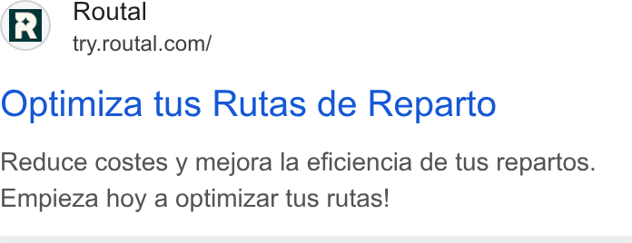 Routal ad on Google Ads: Optimiza tus Rutas de Reparto Reduce costes y mejora la eficiencia de tus repartos. Empieza hoy a optimizar tus rutas!