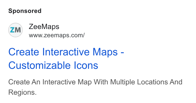 ZeeMaps ad on Google Ads: Create Interactive Maps - Customizable Icons Create An Interactive Map With Multiple Locations And Regions.