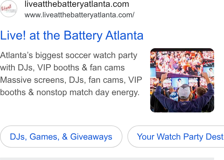 Tripleseat ad on Google Ads: www.liveatthebatteryatlanta.com/ Live! at the Battery Atlanta Atlanta’s biggest soccer watch party with DJs, VIP booths & fan cams Massive screens, DJs, fan cams, VIP booths & nonstop match day energy. DJs, Games, & Giveaways }( Your Watch Party Dest