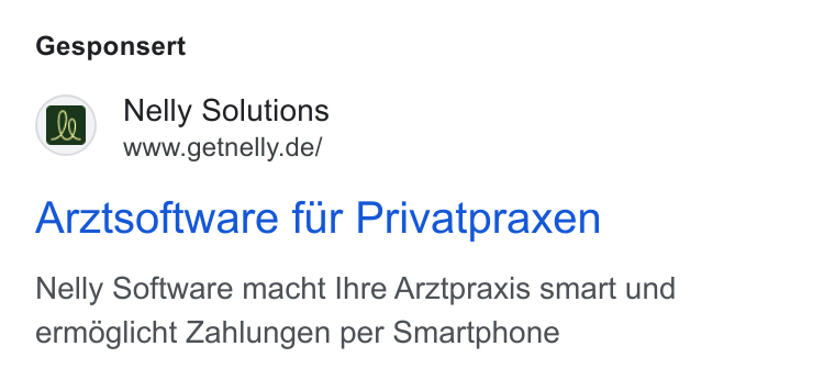 Nelly Solutions ad on Google Ads: Gesponsert Arztsoftware fur Privatpraxen Nelly Software macht Ihre Arztpraxis smart und ermdglicht Zahlungen per Smartphone