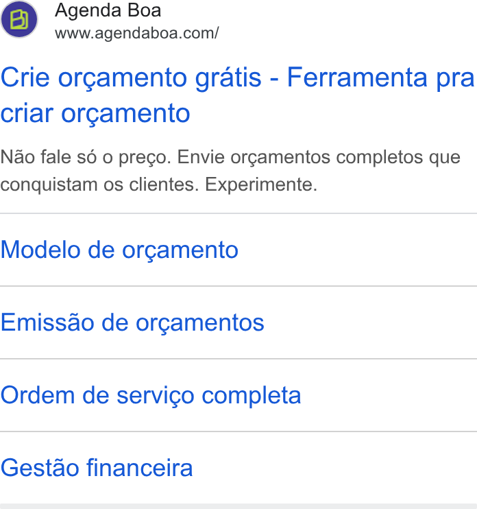 Agenda Boa ad on Google Ads: Crie orgamento gratis - Ferramenta pra criar org¢amento Nao fale sé o preco. Envie orcamentos completos que conquistam os clientes. Experimente. Modelo de orgamento Emissao de org¢amentos Ordem de servigo completa Gestao financeira