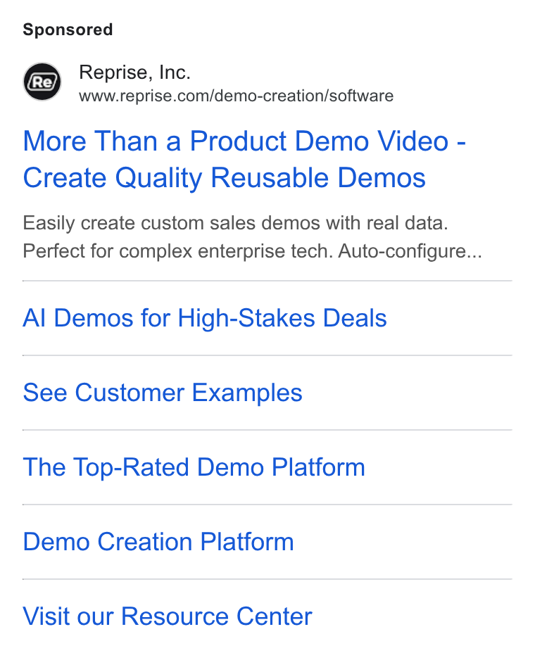 Reprise ad on Google Ads: More Than a Product Demo Video - Create Quality Reusable Demos Easily create custom sales demos with real data. Perfect for complex enterprise tech. Auto-configure... Al Demos for High-Stakes Deals See Customer Examples The Top-Rated Demo Platform Demo Creation Platform Visit our Resource Center