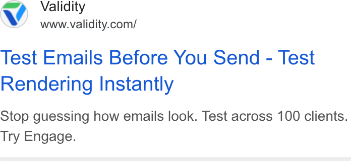 Validity ad on Google Ads: \ vowed com Test Emails Before You Send - Test Rendering Instantly Stop guessing how emails look. Test across 100 clients. Try Engage.
