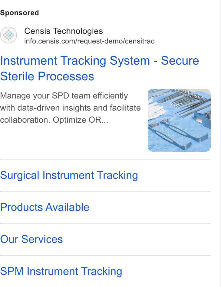 Censis Technologies ad on Google Ads: Instrument Tracking System - Secure Sterile Processes Manage your SPD team efficiently with data-driven insights and facilitate collaboration. Optimize OR... Surgical Instrument Tracking Products Available Our Services SPM Instrument Tracking